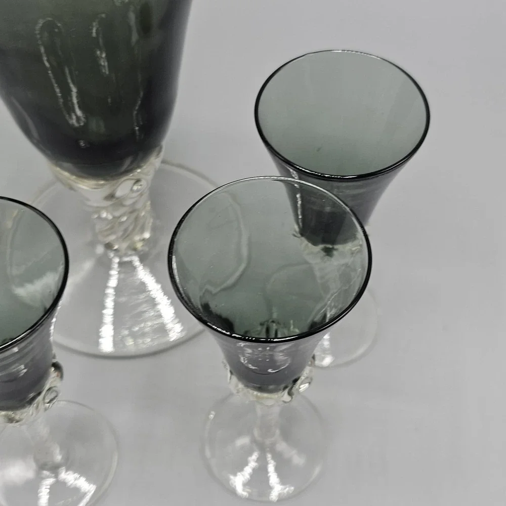 Vintage Empoli Italian Smoke Grey Decanter & Cordial Glasses Set 5 Twisted‎ Foot